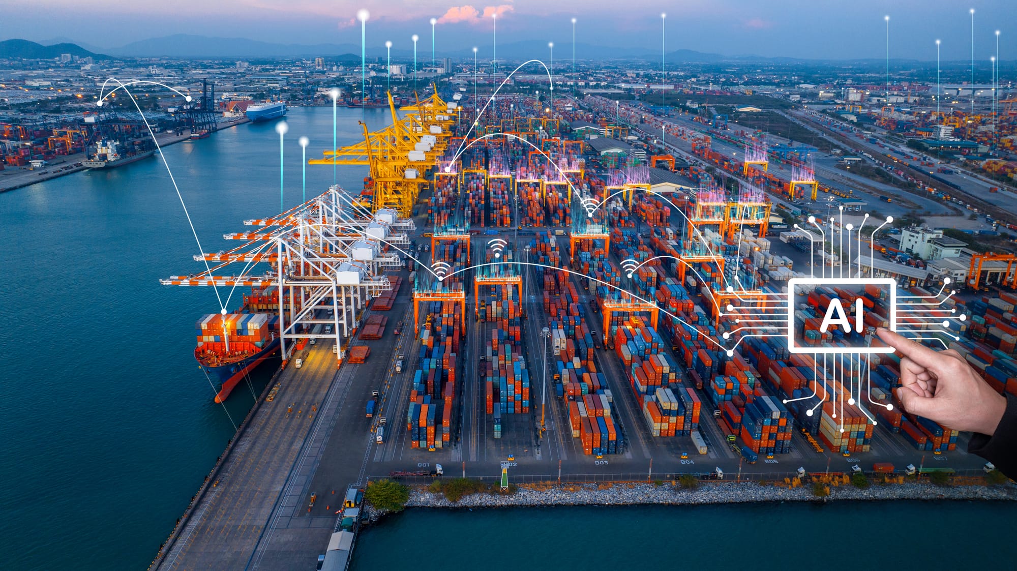AI-connected shipping port with containers and logistics network overlay